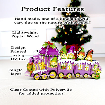 Christmas Elf Train Shelf Sitter – Elves & Gingerbread, Personalized Wooden Mantel Decor