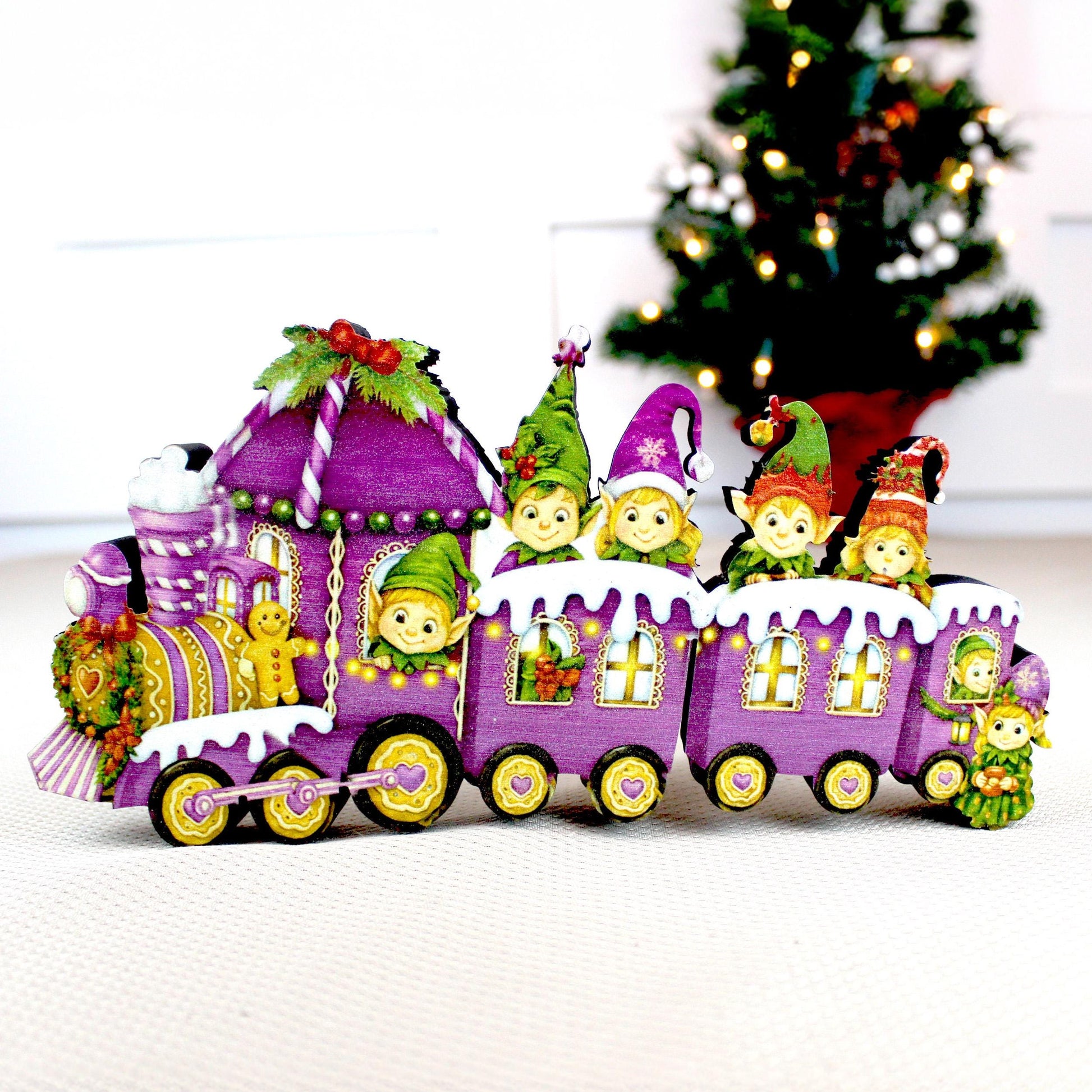 Christmas Elf Train Shelf Sitter – Elves & Gingerbread, Personalized Wooden Mantel Decor