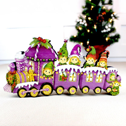 Christmas Elf Train Shelf Sitter – Elves & Gingerbread, Personalized Wooden Mantel Decor