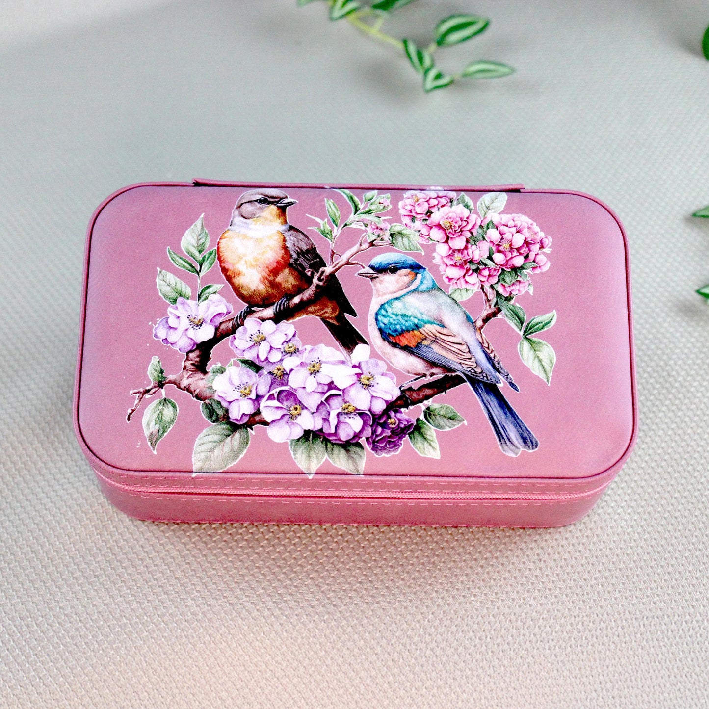 Spring Birds and Flowers Travel Jewelry Case – Floral Faux Leather Zip Organizer with Mirror, Personalized Name