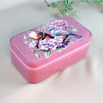 Spring Birds and Flowers Travel Jewelry Case – Floral Faux Leather Zip Organizer with Mirror, Personalized Name