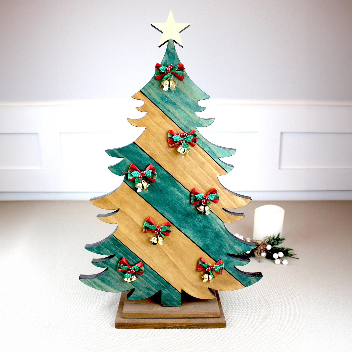 Rustic Green & Brown Cedar Christmas Tree – Personalized Farmhouse Tabletop Decor with Optional Fairy Lights & Reindeer