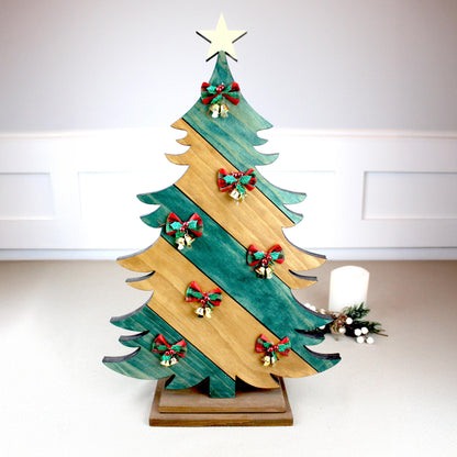 Rustic Green & Brown Cedar Christmas Tree – Personalized Farmhouse Tabletop Decor with Optional Fairy Lights & Reindeer