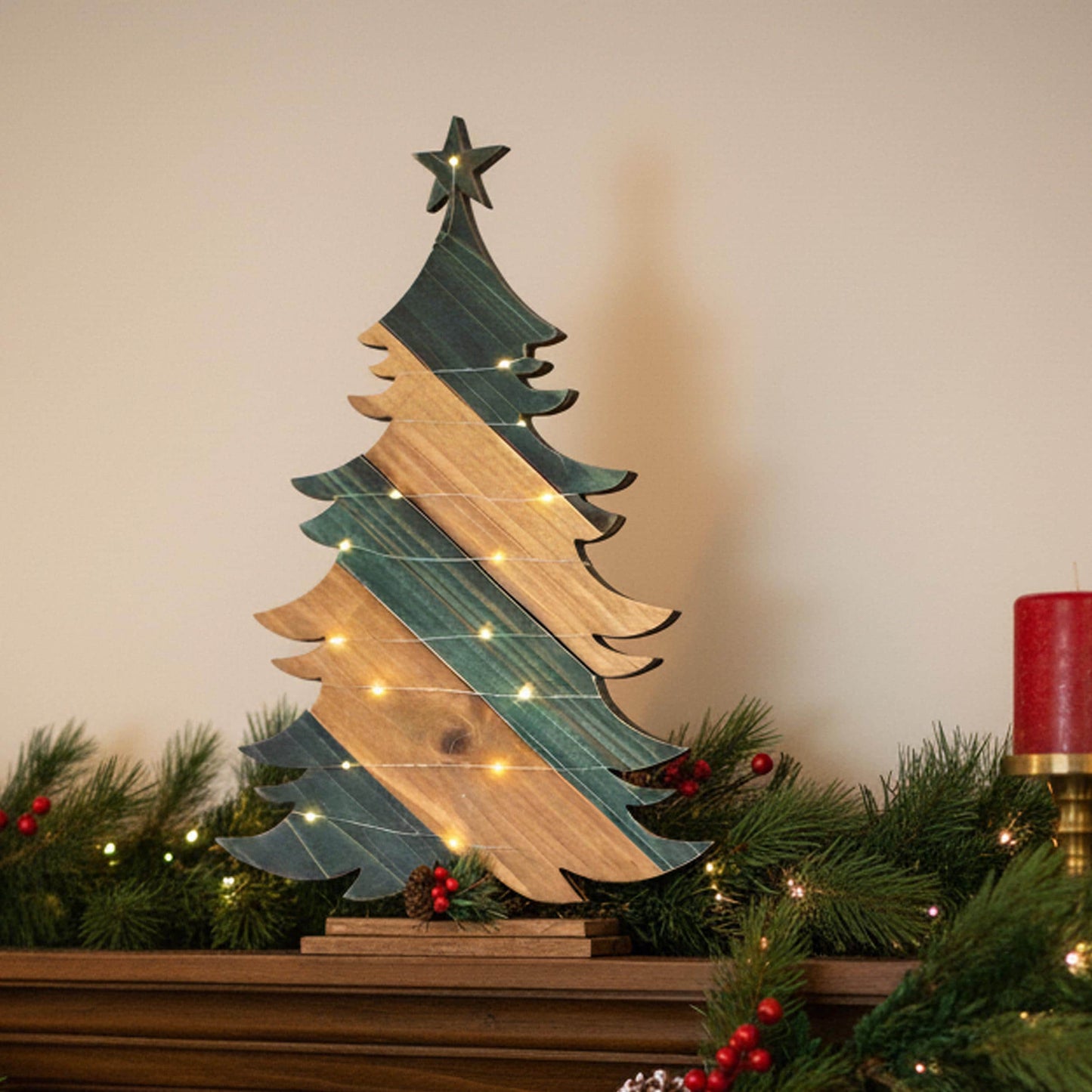 Rustic Green & Brown Cedar Christmas Tree – Personalized Farmhouse Tabletop Decor with Optional Fairy Lights & Reindeer