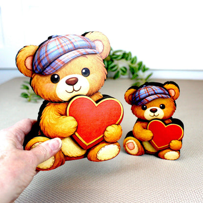 Valentine Teddy Bear Shelf Sitter – Personalized Heart, Two Sizes, Wooden Mantel & Tiered Tray Decor