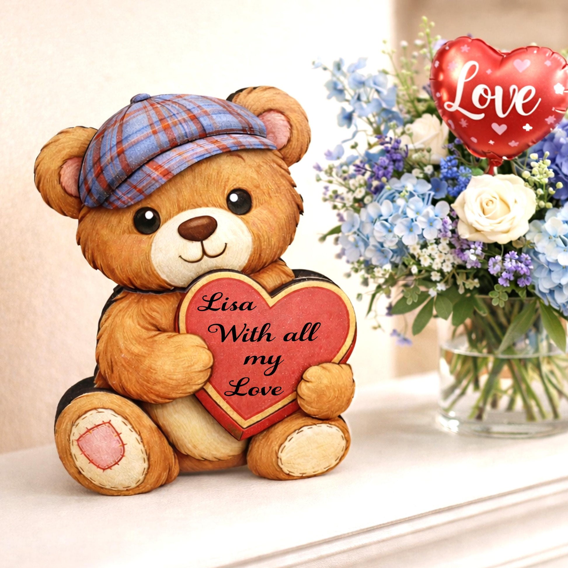 Valentine Teddy Bear Shelf Sitter – Personalized Heart, Two Sizes, Wooden Mantel & Tiered Tray Decor