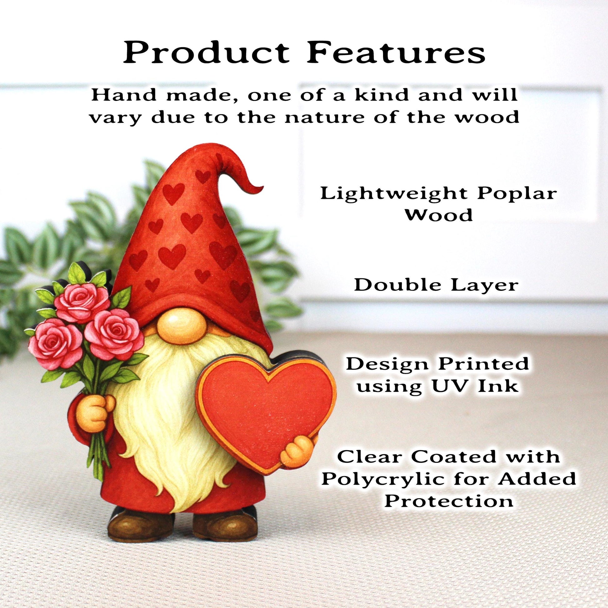 Valentine Gnome Shelf Sitter – Personalized Heart, Wooden Mantel & Tiered Tray Decor