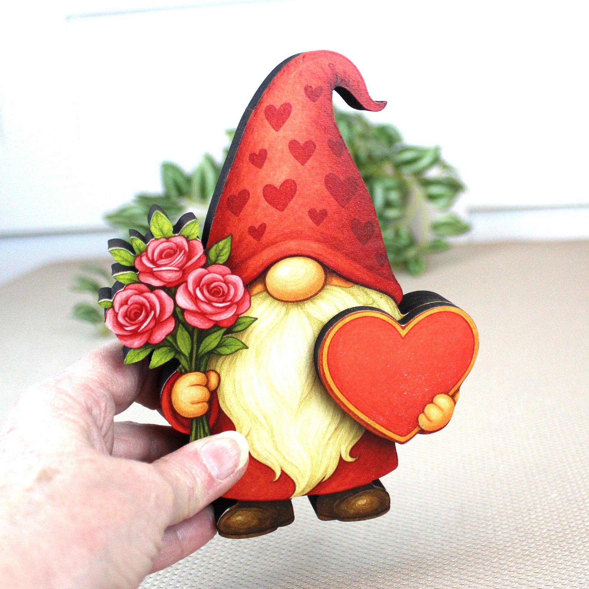 Valentine Gnome Shelf Sitter – Personalized Heart, Wooden Mantel & Tiered Tray Decor
