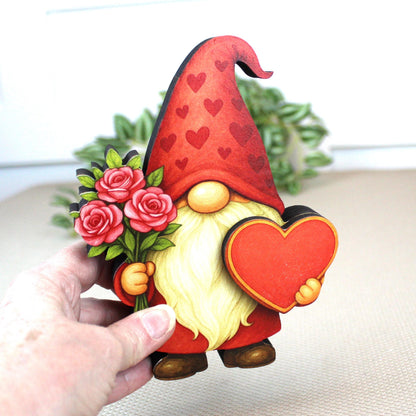 Valentine Gnome Shelf Sitter – Personalized Heart, Wooden Mantel & Tiered Tray Decor