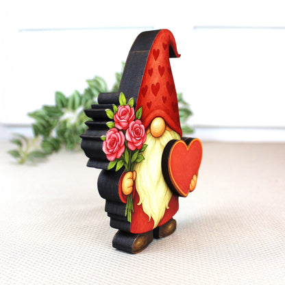 Valentine Gnome Shelf Sitter – Personalized Heart, Wooden Mantel & Tiered Tray Decor