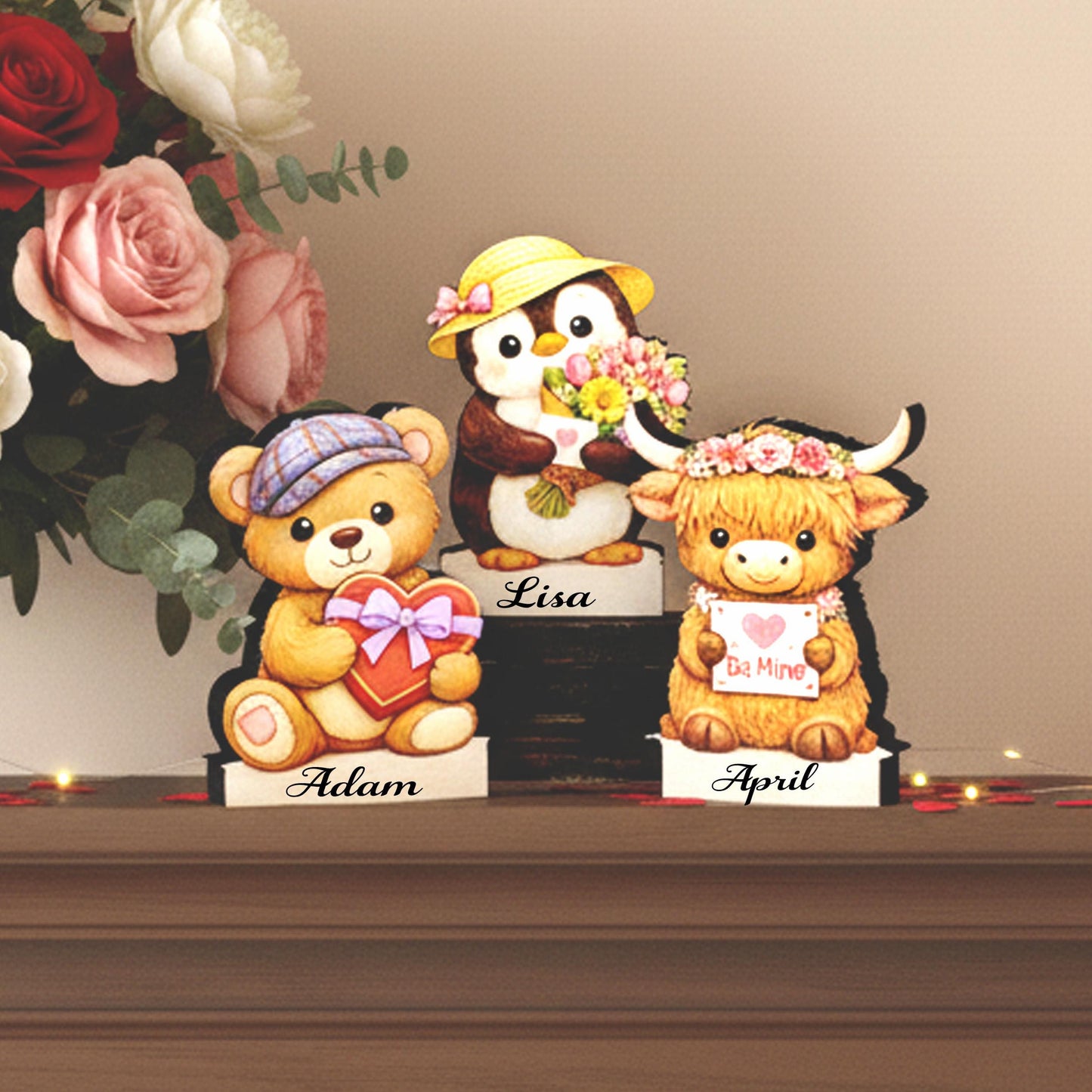 Valentine Teddy Bear, Penguin and Hyland Cow Shelf Sitters Set of 3 – Personalized Heart, Wooden Mantel & Tiered Tray Decor