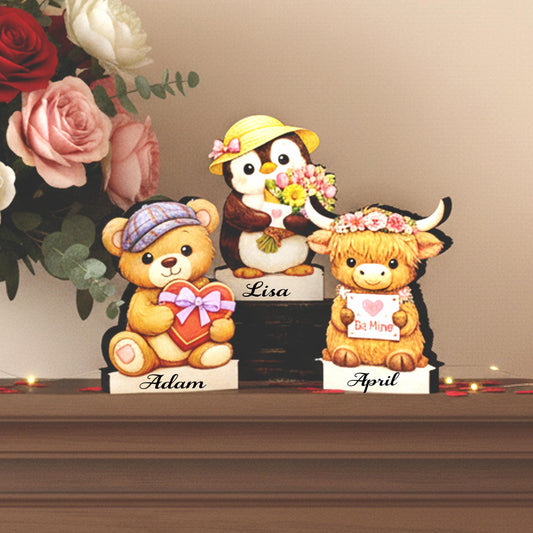 Valentine Teddy Bear, Penguin and Hyland Cow Shelf Sitters Set of 3 – Personalized Heart, Wooden Mantel & Tiered Tray Decor
