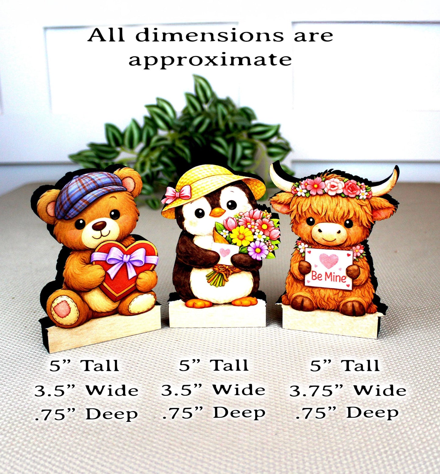 Valentine Teddy Bear, Penguin and Hyland Cow Shelf Sitters Set of 3 – Personalized Heart, Wooden Mantel & Tiered Tray Decor