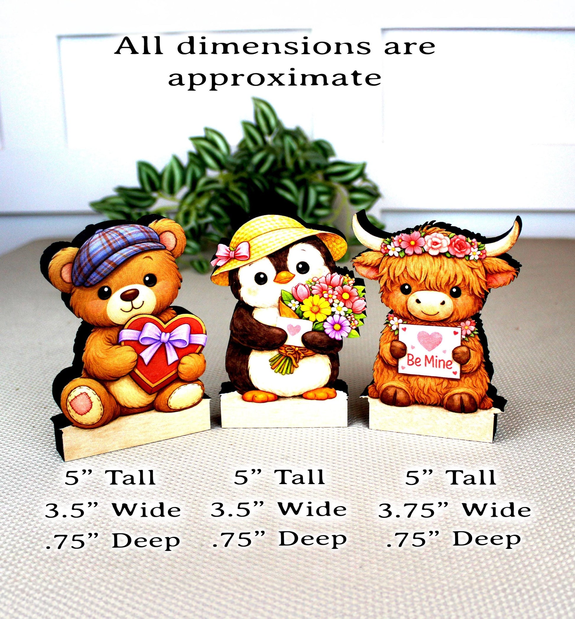 Valentine Teddy Bear, Penguin and Hyland Cow Shelf Sitters Set of 3 – Personalized Heart, Wooden Mantel & Tiered Tray Decor