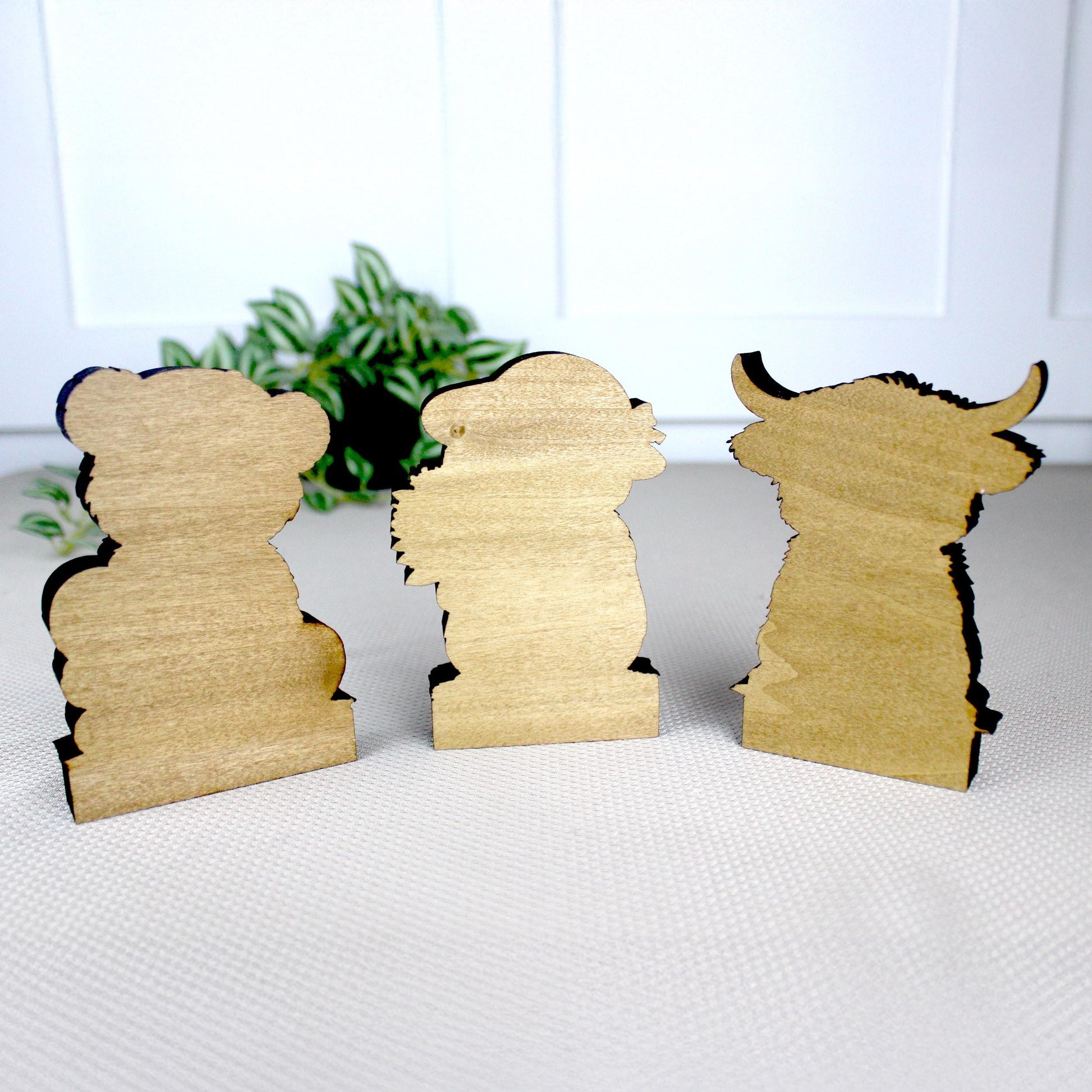 Valentine Teddy Bear, Penguin and Hyland Cow Shelf Sitters Set of 3 – Personalized Heart, Wooden Mantel & Tiered Tray Decor