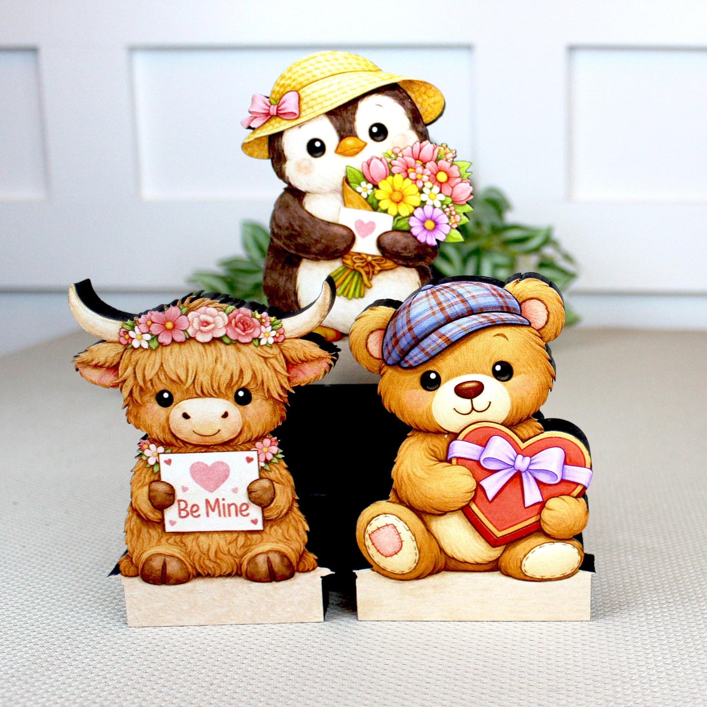 Valentine Teddy Bear, Penguin and Hyland Cow Shelf Sitters Set of 3 – Personalized Heart, Wooden Mantel & Tiered Tray Decor