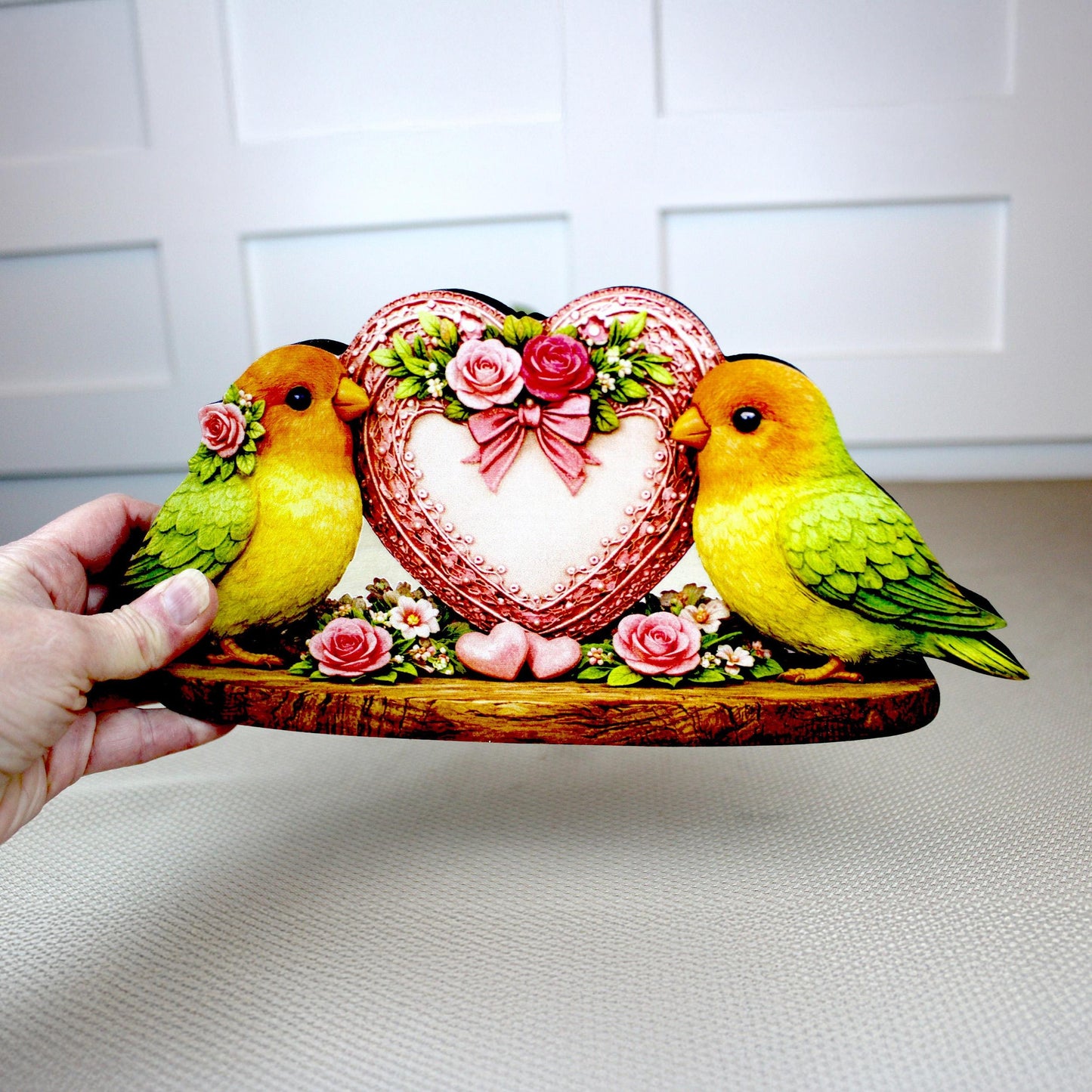 Love Birds Shelf Sitter – Personalized Heart, Wooden Valentine Mantel & Tiered Tray Decor