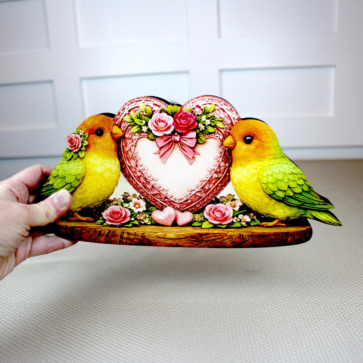 Love Birds Shelf Sitter – Personalized Heart, Wooden Valentine Mantel & Tiered Tray Decor