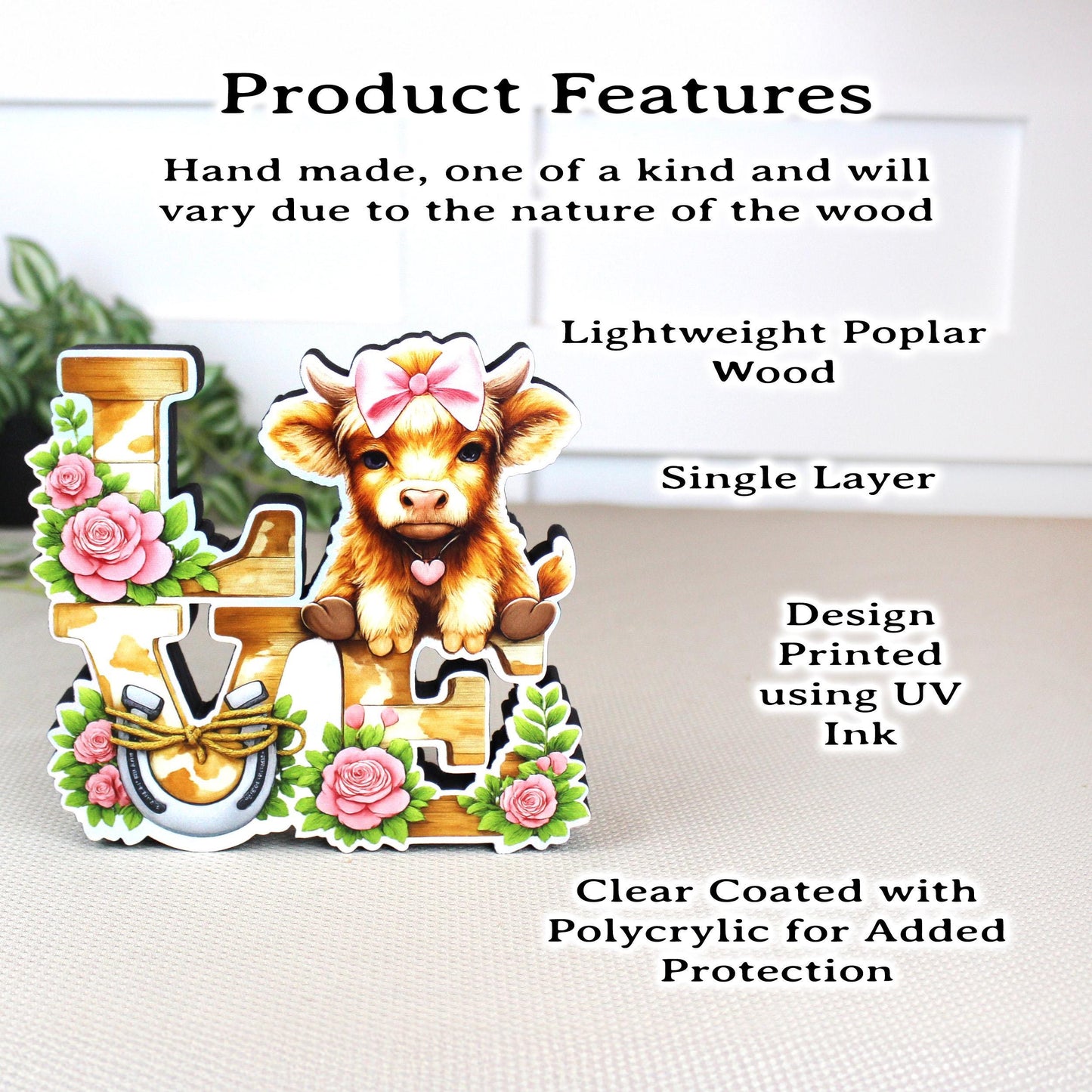 Highland Cow Love Shelf Sitter – Personalized Love Sign, Wooden Valentine Mantel & Tiered Tray Decor