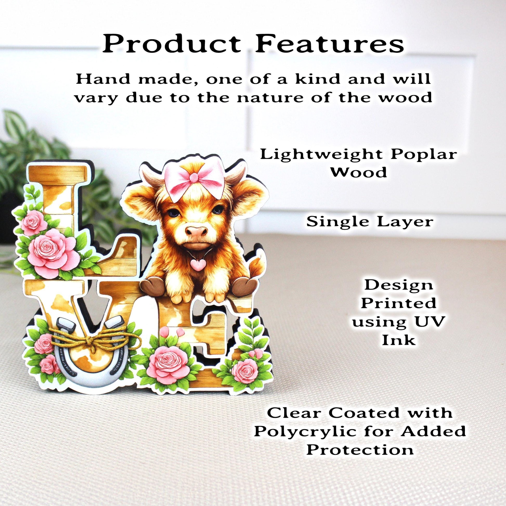 Highland Cow Love Shelf Sitter – Personalized Love Sign, Wooden Valentine Mantel & Tiered Tray Decor