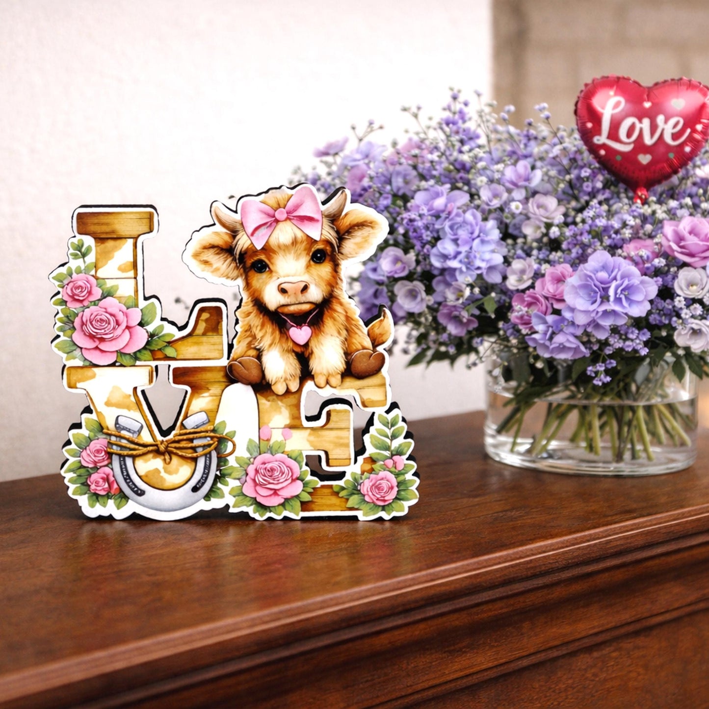 Highland Cow Love Shelf Sitter – Personalized Love Sign, Wooden Valentine Mantel & Tiered Tray Decor