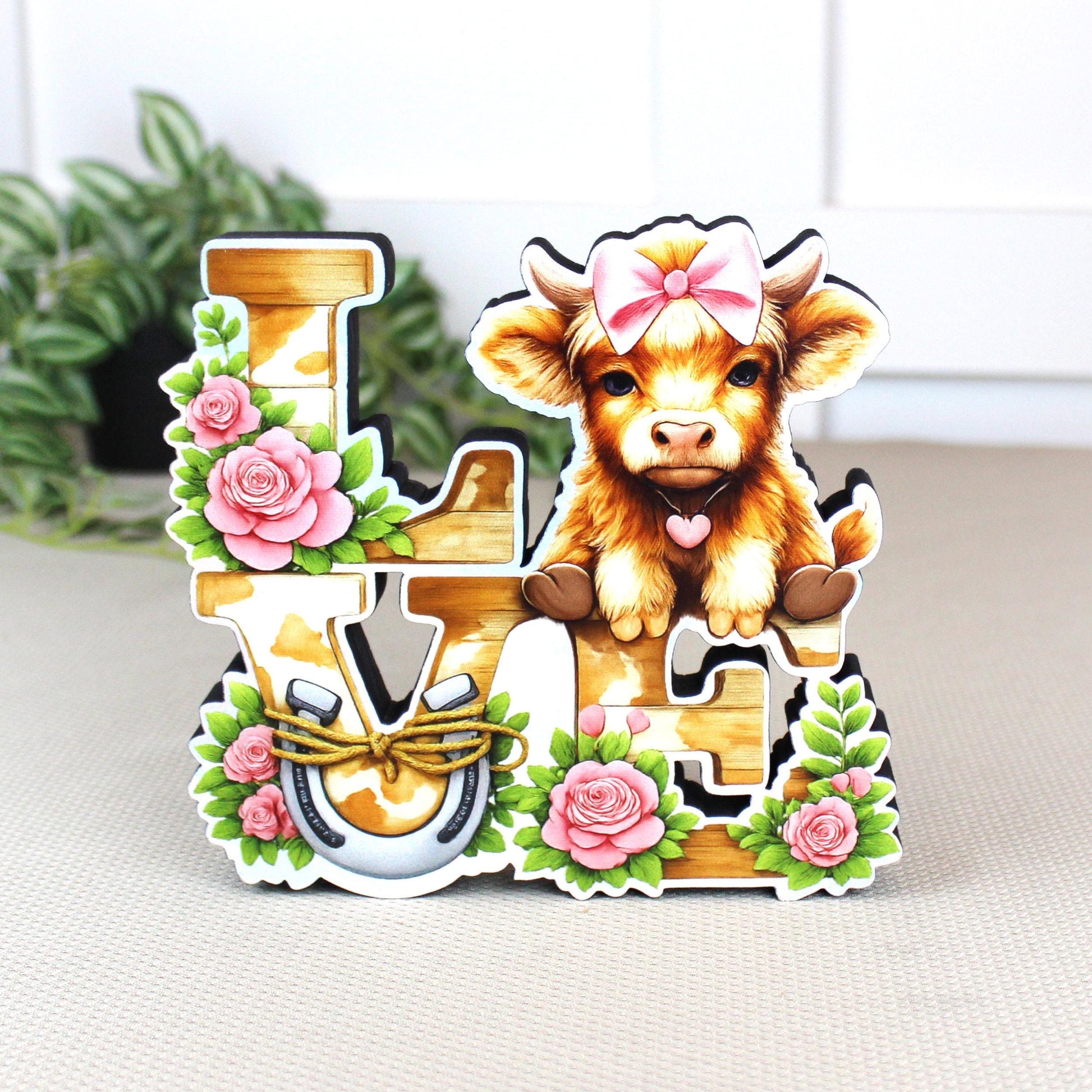 Highland Cow Love Shelf Sitter – Personalized Love Sign, Wooden Valentine Mantel & Tiered Tray Decor