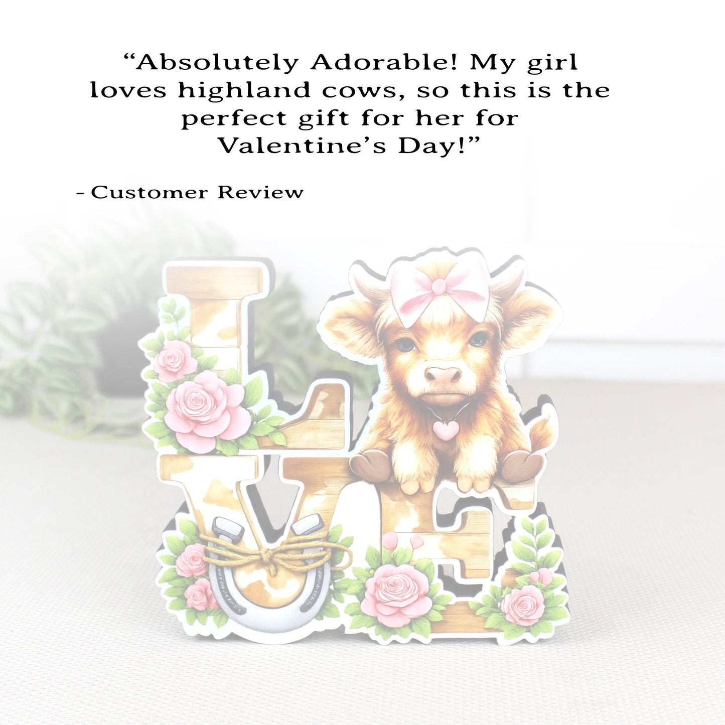 Highland Cow Love Shelf Sitter – Personalized Love Sign, Wooden Valentine Mantel & Tiered Tray Decor