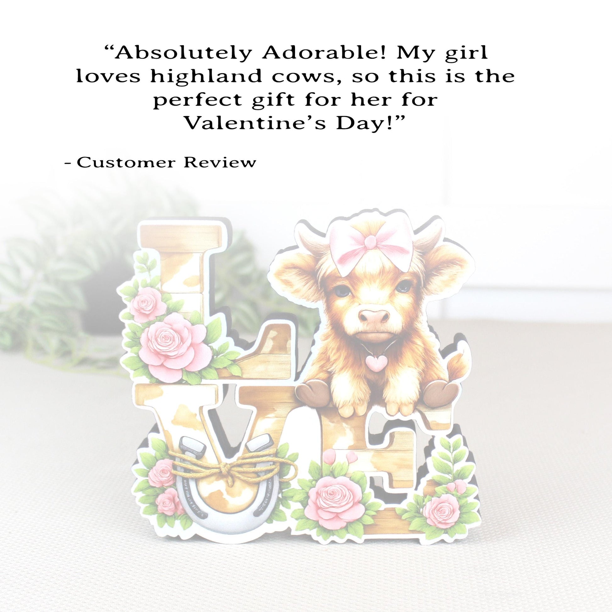 Highland Cow Love Shelf Sitter – Personalized Love Sign, Wooden Valentine Mantel & Tiered Tray Decor