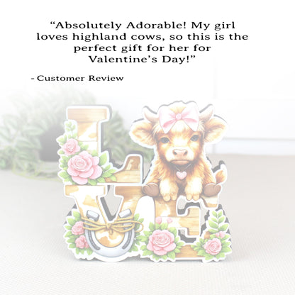 Highland Cow Love Shelf Sitter – Personalized Love Sign, Wooden Valentine Mantel & Tiered Tray Decor