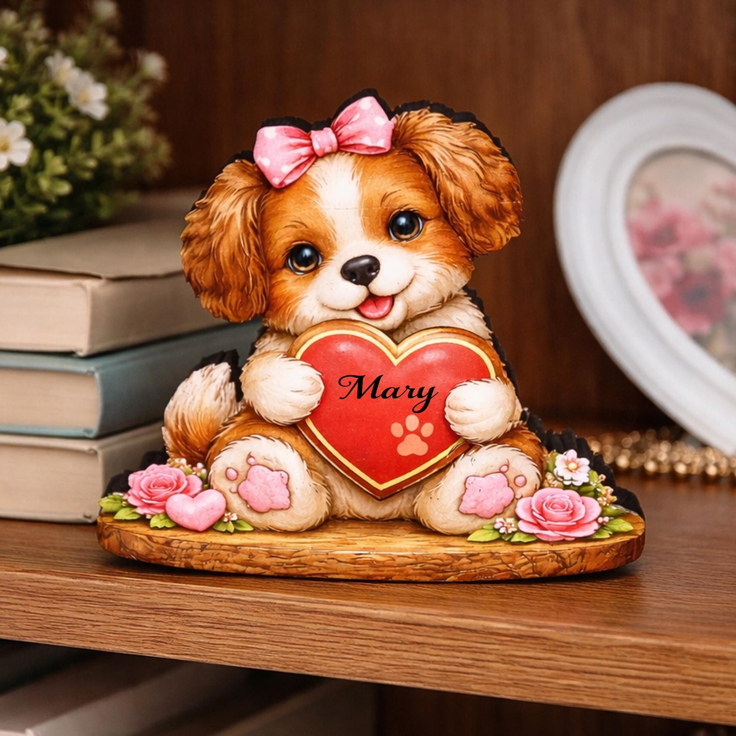 Valentine Puppy or Kitty Shelf Sitter – Personalized Heart, Wooden Mantel & Tiered Tray Decor
