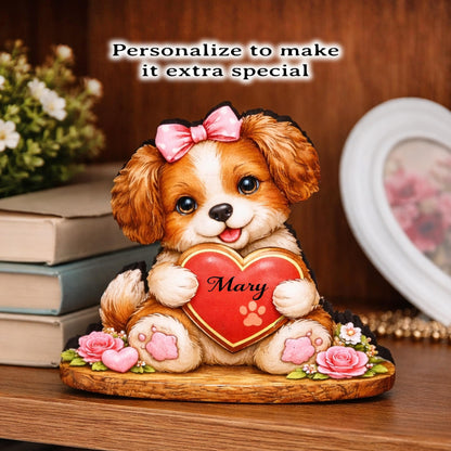 Valentine Puppy or Kitty Shelf Sitter – Personalized Heart, Wooden Mantel & Tiered Tray Decor