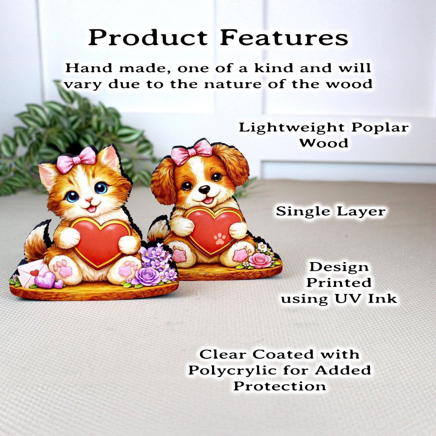 Valentine Puppy or Kitty Shelf Sitter – Personalized Heart, Wooden Mantel & Tiered Tray Decor