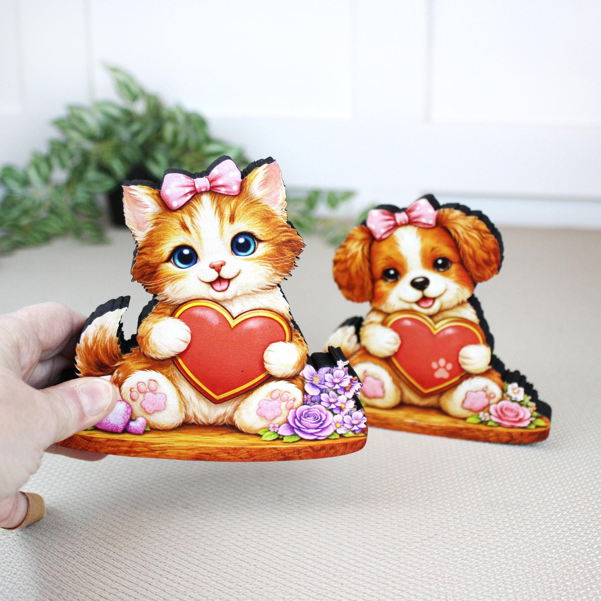 Valentine Puppy or Kitty Shelf Sitter – Personalized Heart, Wooden Mantel & Tiered Tray Decor