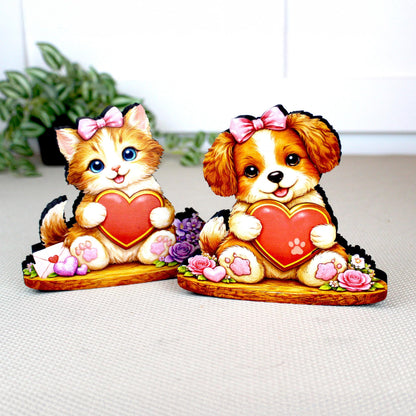 Valentine Puppy or Kitty Shelf Sitter – Personalized Heart, Wooden Mantel & Tiered Tray Decor