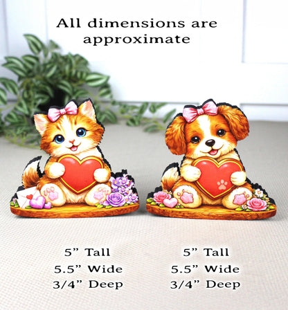Valentine Puppy or Kitty Shelf Sitter – Personalized Heart, Wooden Mantel & Tiered Tray Decor