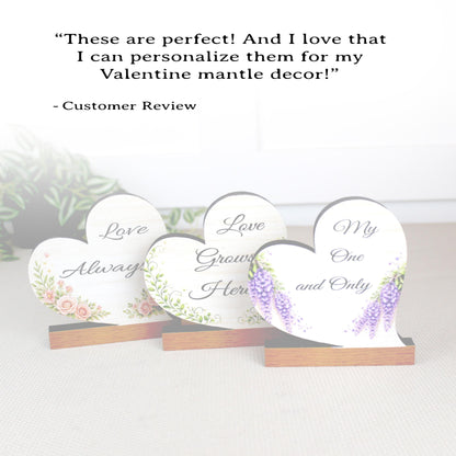 Valentine Day Heart Shelf Sitters – Personalized Wooden Hearts with Floral Accents Set of 3 – Wooden Mantel & Tiered Tray Decor