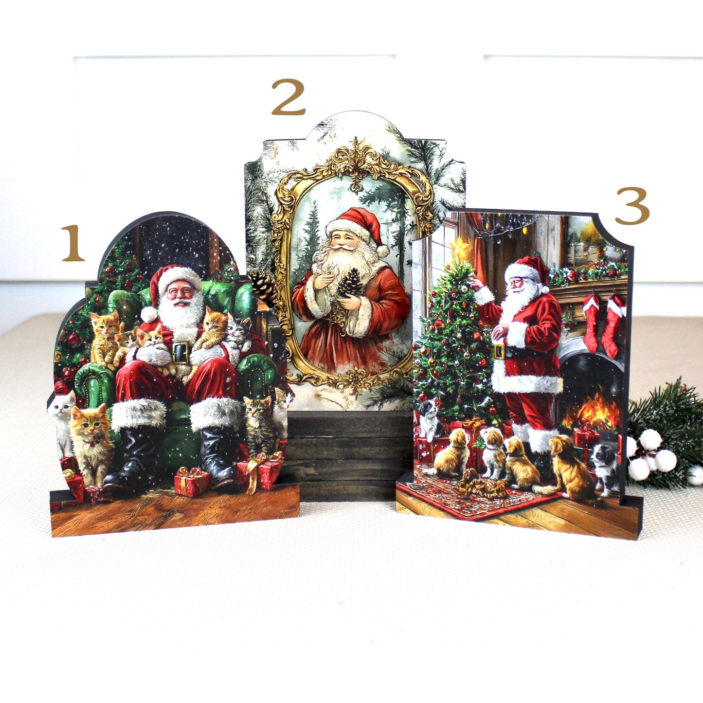 Dog-Loving Santa Shelf Sitter – Personalized Wooden Christmas Mantel Decor, 3 Design Options