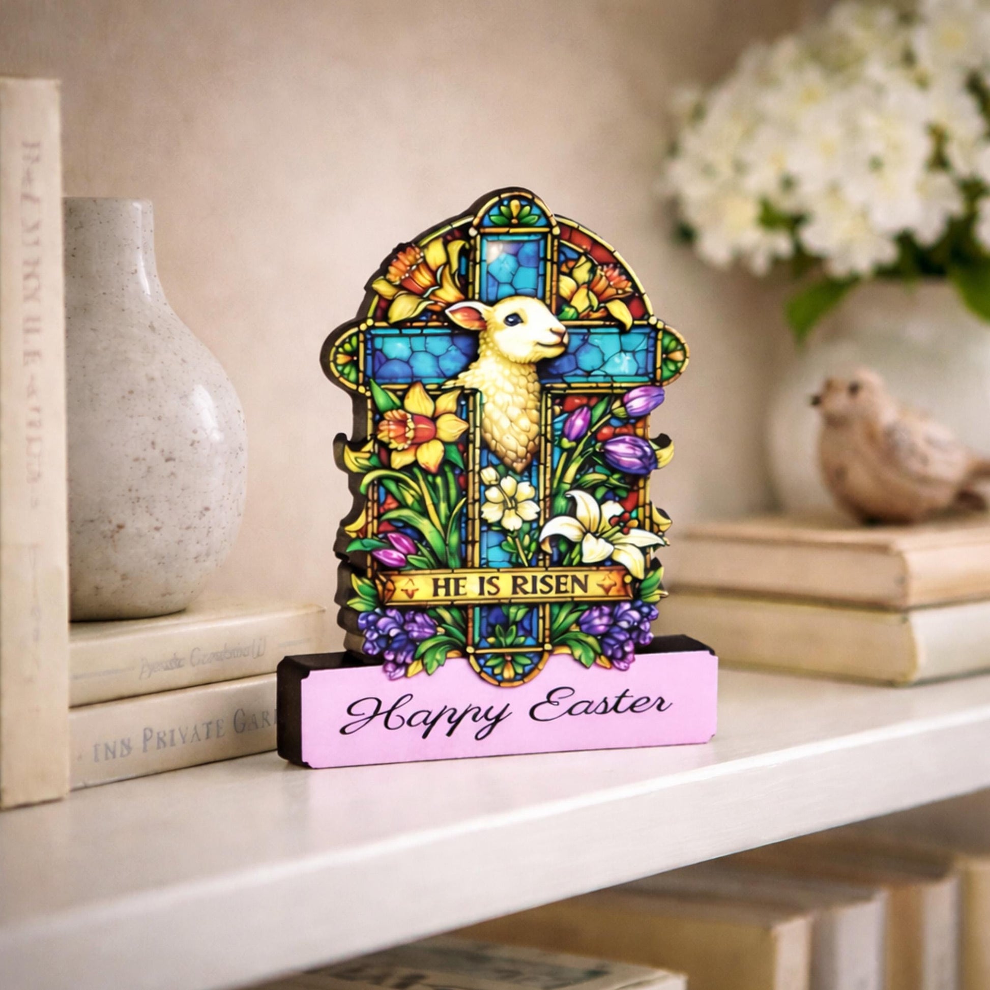 He Is Risen Easter Shelf Sitter – Wooden Stained-Glass Style Cross with Lamb, Personalized Christian Mantel Decor