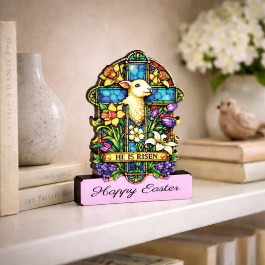He Is Risen Easter Shelf Sitter – Wooden Stained-Glass Style Cross with Lamb, Personalized Christian Mantel Decor