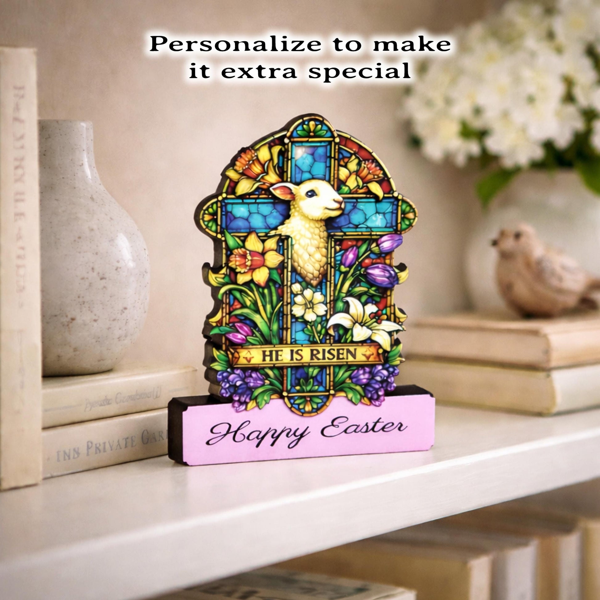 He Is Risen Easter Shelf Sitter – Wooden Stained-Glass Style Cross with Lamb, Personalized Christian Mantel Decor