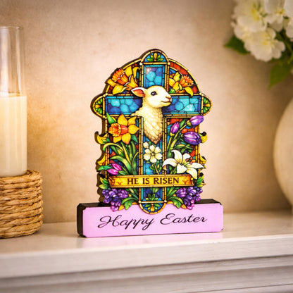 He Is Risen Easter Shelf Sitter – Wooden Stained-Glass Style Cross with Lamb, Personalized Christian Mantel Decor