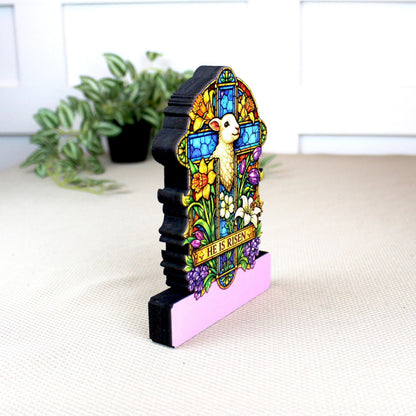 He Is Risen Easter Shelf Sitter – Wooden Stained-Glass Style Cross with Lamb, Personalized Christian Mantel Decor