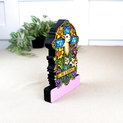 He Is Risen Easter Shelf Sitter – Wooden Stained-Glass Style Cross with Lamb, Personalized Christian Mantel Decor