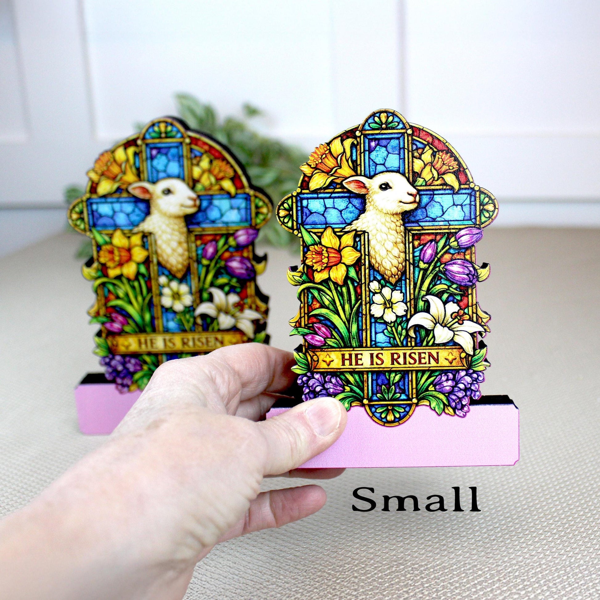 He Is Risen Easter Shelf Sitter – Wooden Stained-Glass Style Cross with Lamb, Personalized Christian Mantel Decor