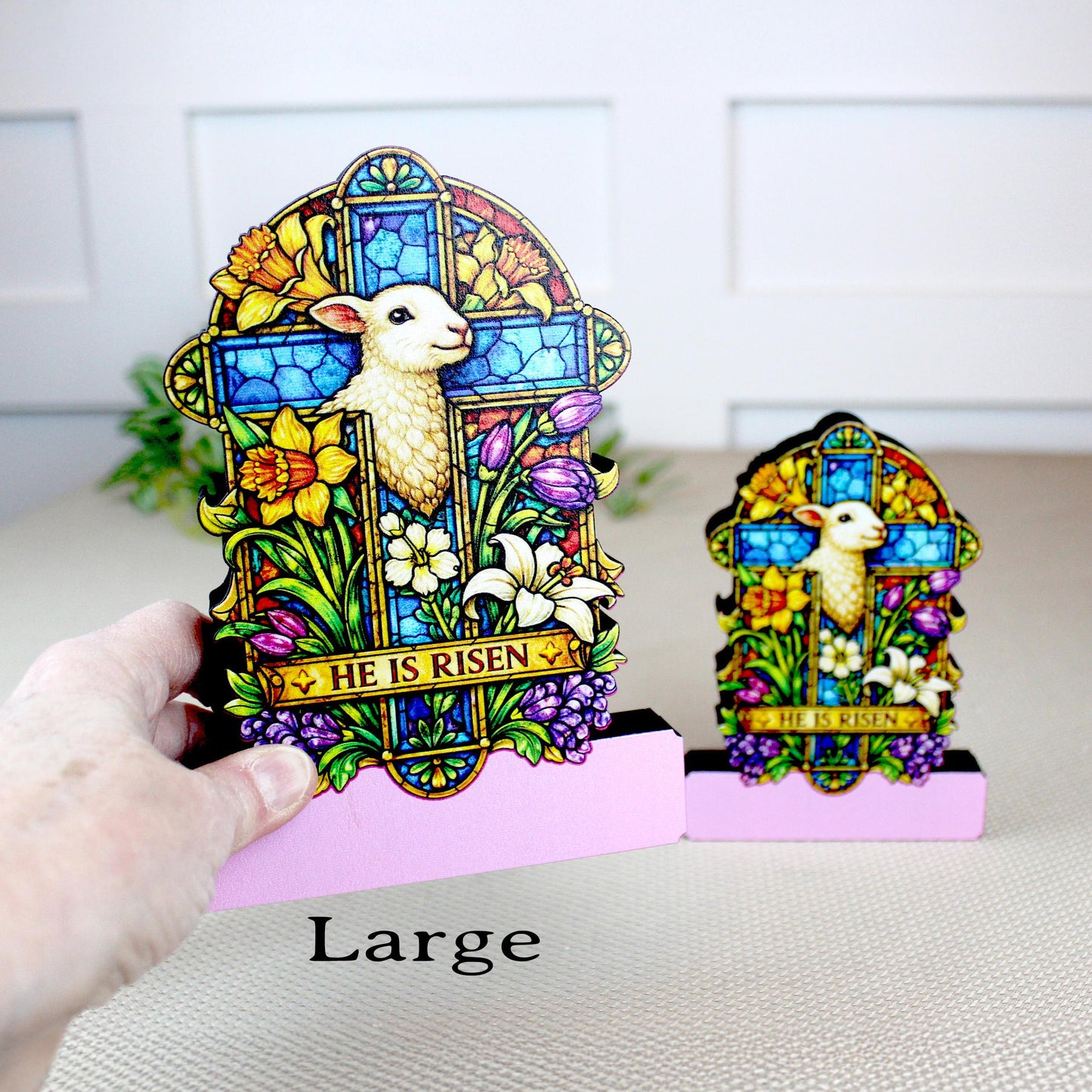 He Is Risen Easter Shelf Sitter – Wooden Stained-Glass Style Cross with Lamb, Personalized Christian Mantel Decor