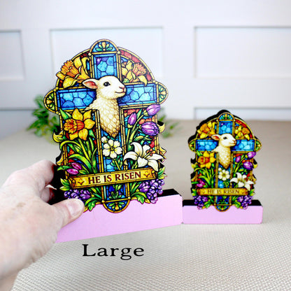 He Is Risen Easter Shelf Sitter – Wooden Stained-Glass Style Cross with Lamb, Personalized Christian Mantel Decor