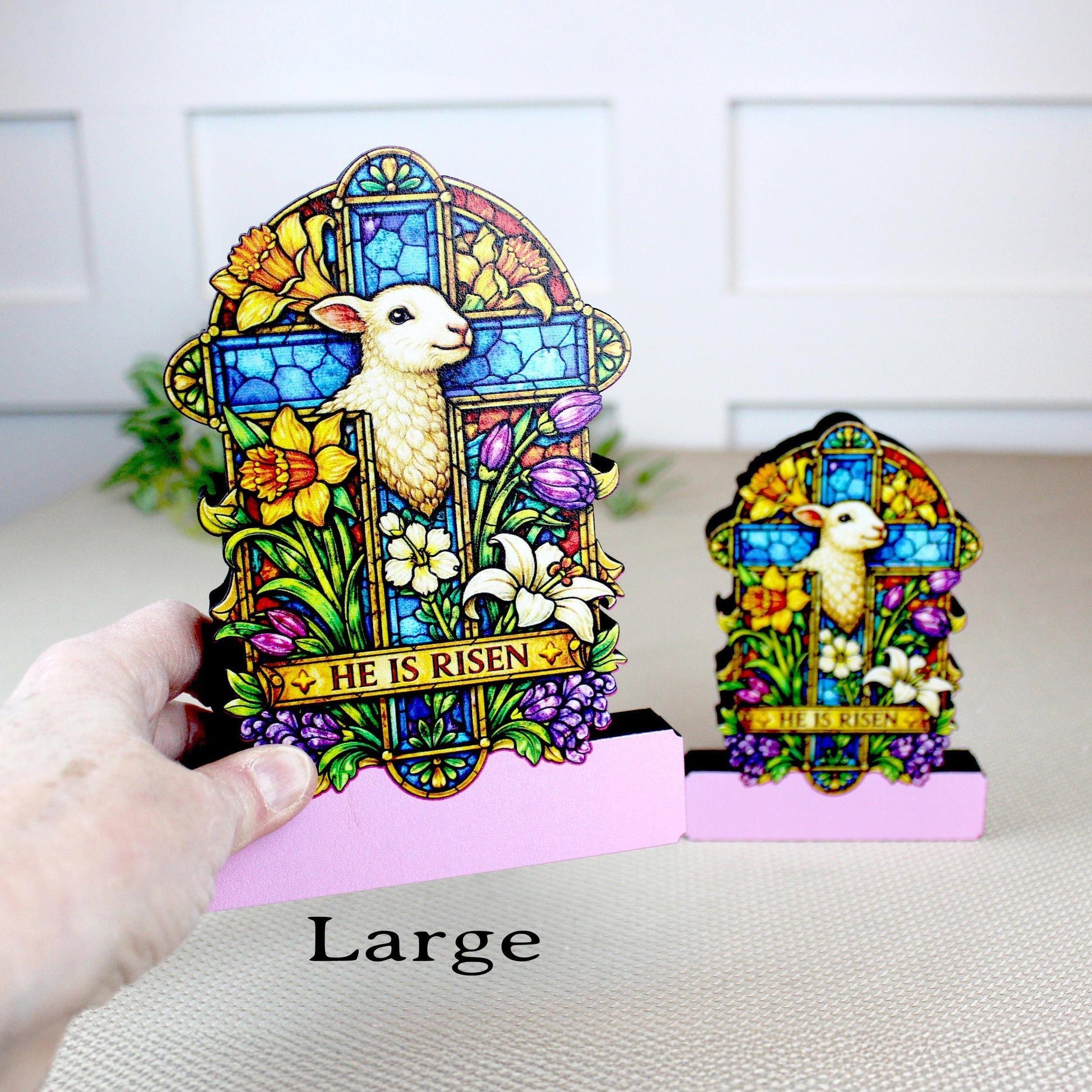 He Is Risen Easter Shelf Sitter – Wooden Stained-Glass Style Cross with Lamb, Personalized Christian Mantel Decor