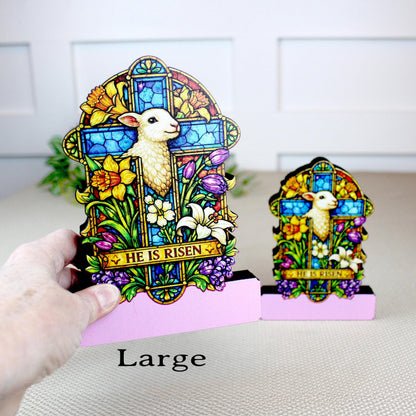 He Is Risen Easter Shelf Sitter – Wooden Stained-Glass Style Cross with Lamb, Personalized Christian Mantel Decor
