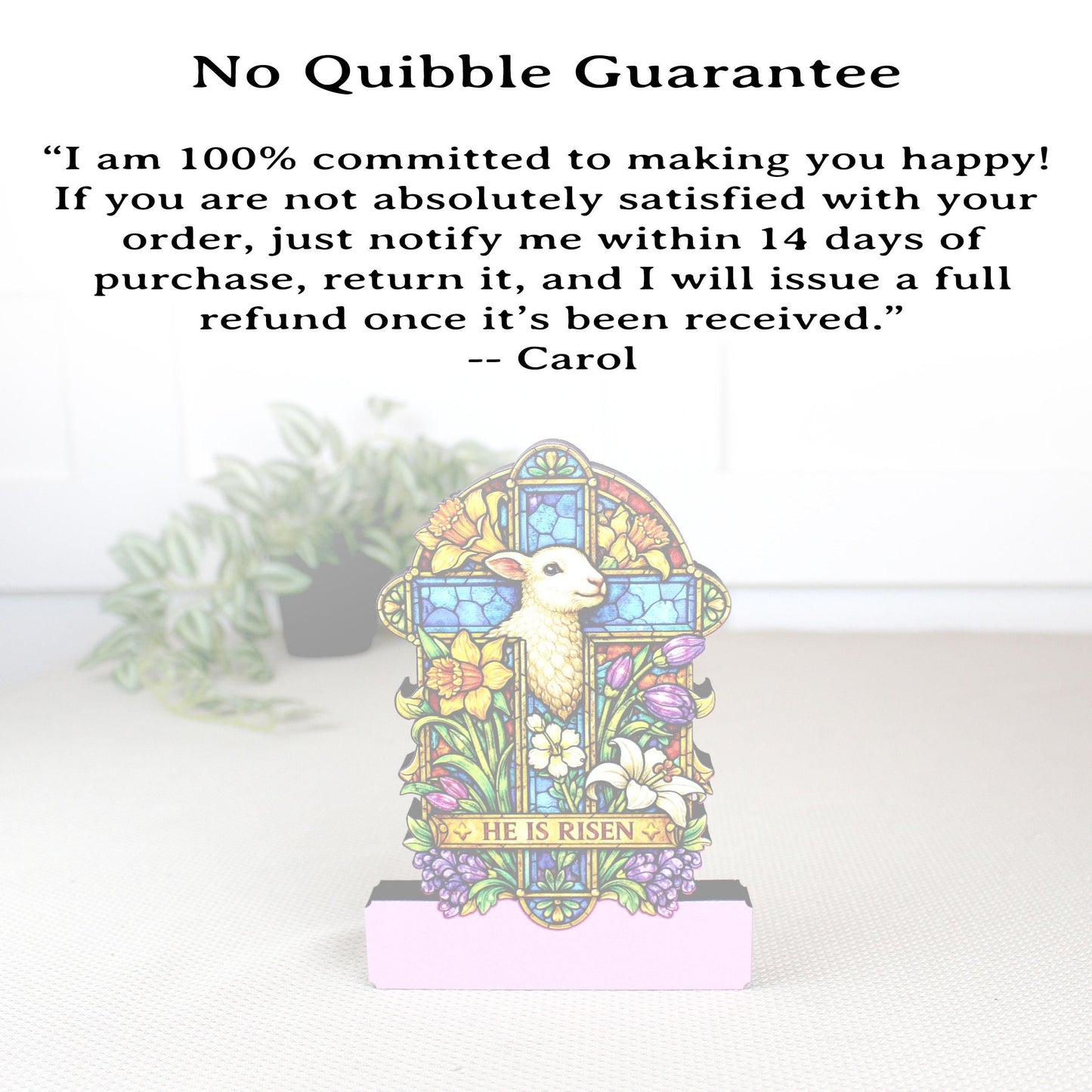 He Is Risen Easter Shelf Sitter – Wooden Stained-Glass Style Cross with Lamb, Personalized Christian Mantel Decor