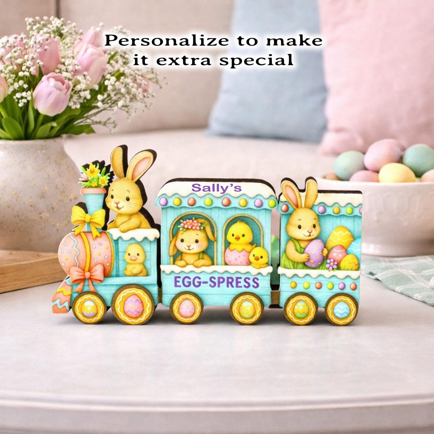 Easter Train Shelf Sitter – Bunnies, Chicks & Eggs, Personalized Wooden Spring Mantel Decor